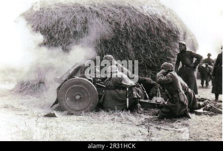 B&W im Zweiten Weltkrieg Während der Operation Barbarossa feuert Eine deutsche leichte Infanterie-Waffe auf die russische Front. Die Crew ist Mitglied der SS-Division SS KB Augustin Stockfoto