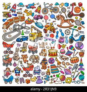 Cartoon niedliche Kritzeleien handgezogene Kinder Spielzeuge Set. Komische Kunstwerke. Stock Vektor