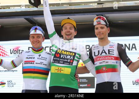 Finalpodium Volta Catalunya 2023 Primoz Roglic Slowenien Jumbo Visma vor Evenepoel Belgium Soudal Quick Step und Almeida Portuga; VAE Team Emirat Stockfoto