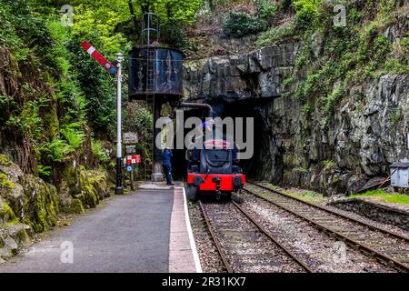 0-6-0 Satteltank-Lokomotive „Princess“ in Haverthwaite. Hier wird der Tank mit Wasser gefüllt. Stockfoto