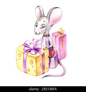 Weihnachtsmaus mit Geschenken. Neujahr, Briefträger, Symbol des Jahres, 2032, Postkarte. Stockfoto