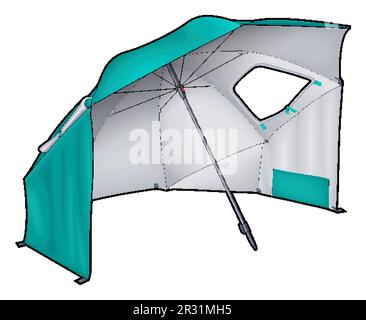 Cartoon, süßer kritzelnder Sonnenschirm. Sommer Strand Freizeitausrüstung farbenfrohe Vektor lustige Illustration. Isoliert auf weißem Hintergrund. Stock Vektor