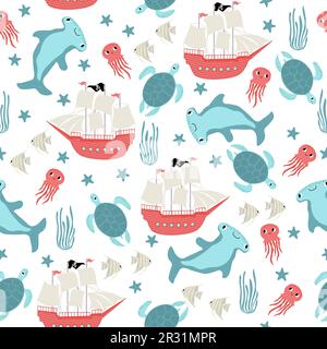 Vektormuster mit Hammerhain, Schildkröte, Seesternen, Quallen. Unterwasser-Cartoon-Kreaturen. Meereshintergrund. Süßes Meeresmuster für Stock Vektor