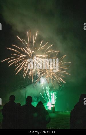 Silhouette von Menschen, die ein großes grün-weißes Feuerwerk beobachten Stockfoto