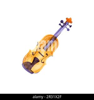 Ein Aquarell und Tusche-Zeichnung einer Violine mit Spritzern von goldener Farbe und Kopie Raum Stockfoto