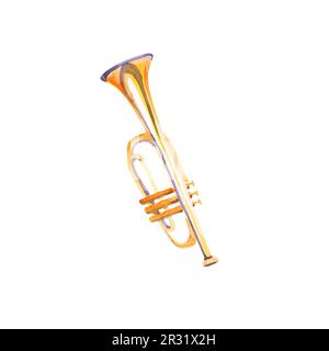 Isolierte Aquarelltrompete auf weißem Hintergrund. Wunderschönes klassisches Instrument. Stockfoto