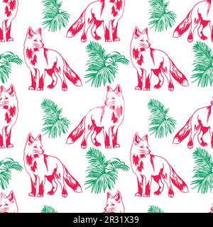Nahtloses Muster mit dem Bild eines Fuchses und einer Pflanze. Vektordarstellung eines Musters für Textildesign, Verpackungspapier, Einband, Kinderkleidung Stock Vektor