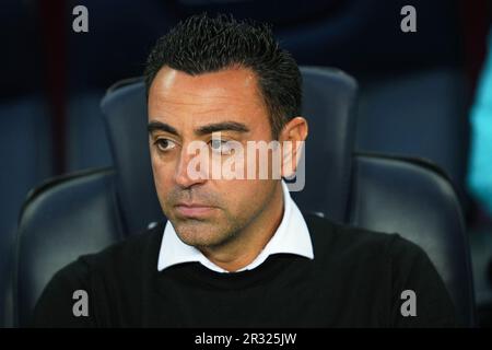 FC Barcelona Cheftrainer Xavi Hernandez während des Spiels La Liga zwischen dem FC Barcelona und Real Sociedad am 20. Mai 2023 im Spotify Camp Nou Stadium in Barcelona, Spanien. (Foto: Bagu Blanco / PRESSIN) Stockfoto