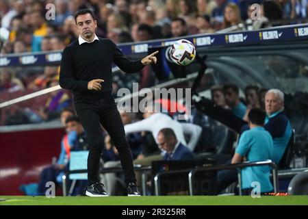 FC Barcelona Cheftrainer Xavi Hernandez während des Spiels La Liga zwischen dem FC Barcelona und Real Sociedad am 20. Mai 2023 im Spotify Camp Nou Stadium in Barcelona, Spanien. (Foto: Bagu Blanco / PRESSIN) Stockfoto