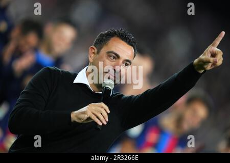 FC Barcelona Cheftrainer Xavi Hernandez während des Spiels La Liga zwischen dem FC Barcelona und Real Sociedad am 20. Mai 2023 im Spotify Camp Nou Stadium in Barcelona, Spanien. (Foto: Bagu Blanco / PRESSIN) Stockfoto