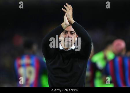 FC Barcelona Cheftrainer Xavi Hernandez während des Spiels La Liga zwischen dem FC Barcelona und Real Sociedad am 20. Mai 2023 im Spotify Camp Nou Stadium in Barcelona, Spanien. (Foto: Bagu Blanco / PRESSIN) Stockfoto