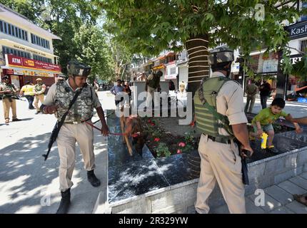 Vor dem G20-Gipfel am 21. Mai 2023 in Srinagar, indisch verwaltetes Kaschmir, Indien, stehen indische paramilitärische Soldaten im Stadtzentrum Wache. Die Gruppe der zwanzig (G20) ist weltweit das wichtigste Forum für wirtschaftliche Zusammenarbeit. Alle wichtigen internationalen Wirtschaftsfragen werden dadurch beeinflusst und gestärkt. Vom 22. Bis 24. Mai findet im Kaschmirtal die dritte G20. Sitzung der Arbeitsgruppe Tourismus unter indischem Vorsitz statt. Nachdem Indien den besonderen Autonomiestatus des von Indien verwalteten Kaschmirs im August 2019 aufgehoben hat, wird das Treffen das erste große internationale Ereignis in der umstrittenen Region sein Stockfoto