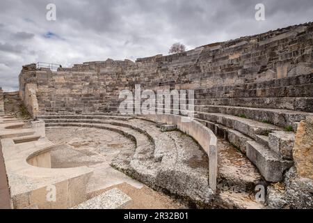 Teatro Romano, Parque arqueológico de Segóbriga, Saelices, Cuenca, Castilla-La Mancha, Spanien. Stockfoto