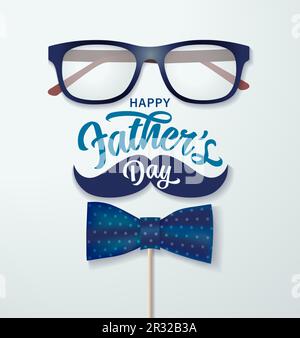 Happy Father's Day, handgeschriebenes Konzept mit Brille, Schnurrbart und Fliege. Vatertag-Poster mit Typografie, 3D Fliege, Schnurrbart und Brille Stock Vektor