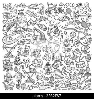 Cartoon niedliche Kritzeleien handgezogene Kinder Spielzeuge Set. Komische Kunstwerke. Stock Vektor