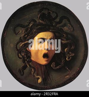 CARAVAGGIO (b. 1573, Caravaggio, d. 1610, Porto Ercole)  Medusa 1598-99 Oil on canvas mounted on wood, 60 x 55 cm Galleria degli Uffizi, Florence Stockfoto