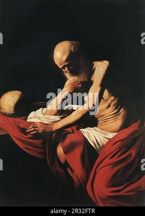 CARAVAGGIO (b. 1573, Caravaggio, d. 1610, Porto Ercole)  St Jerome 1605-06 Oil on canvas, 118 x 81 cm Monastery, Montserrat  The suntan revealed in th Stockfoto