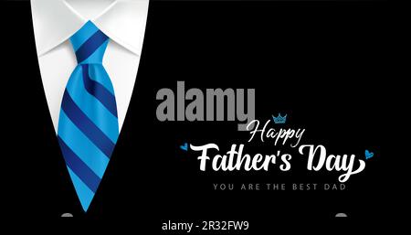 Happy Vathers Day, du bist der beste Dad, handgeschrieben mit Männeranzug und blau gestreifter Krawatte. Vatertag-Banner mit Kalligraphie auf schwarzem Kostüm Stock Vektor