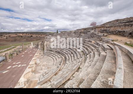 Teatro Romano, Parque arqueológico de Segóbriga, Saelices, Cuenca, Castilla-La Mancha, Spanien. Stockfoto