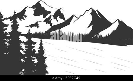 Berge und Wald. Vektor-Insel-Landschaft-Illustration. Elemente werden separat in Vektordatei geschichtet. Stock Vektor
