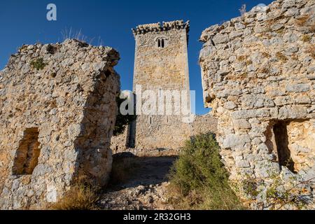 Castillo de Ucero, perteneció a la Orden del Tempel, Siglos XIII y XIV, Soria, Comunidad Autónoma de Castilla, Spanien, Europa. Stockfoto