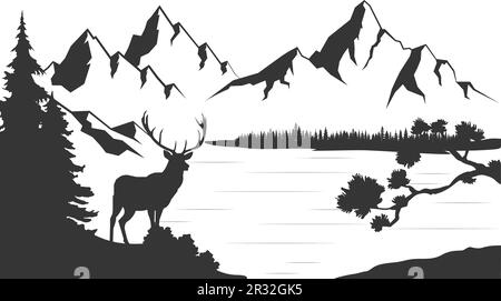 Hirschherde im Naturwald. Wilde Tiere. Berge Horizont Hügel Silhouetten von Bäumen. Darstellung des Vektorstils Stock Vektor