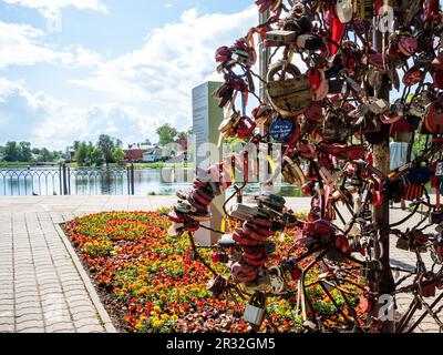 Sergijew Posad, Russland - 21. Mai 2023: Baum der Liebe am Platz am Ufer des Kelar-Teiches in der Stadt Sergiev Posad am sonnigen Mai. Kelar Pond ist eine Sünde Stockfoto