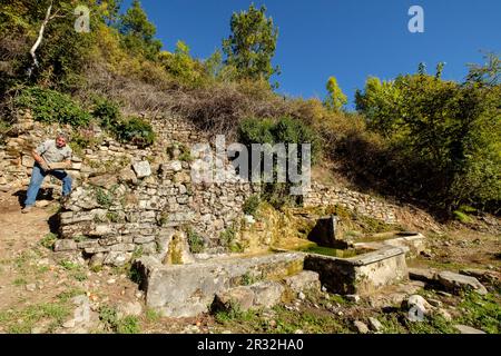 Fuente de Sercué, término Municipal de Fanlo, Sobrarbe, Huesca, Aragón, Cordillera de Los Pirineos, Spanien. Stockfoto