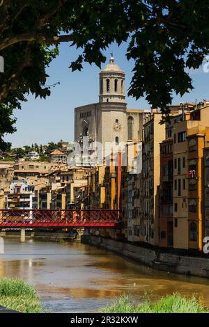 Brücke der Peixeterias Velles am Fluss Onyar, mit der Kathedrale im Hintergrund, Girona, Katalonien, spanien, europa. Stockfoto