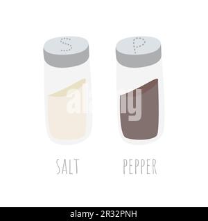 Set aus transparenten Glasschüttlern mit Salz und Pfeffer und perforierter Metallkappe. Isoliert auf weißem Hintergrund verleihen diese Küchenutensilien Ihrem kulinarischen Design Geschmack und Stil. Vektordarstellung. Stock Vektor