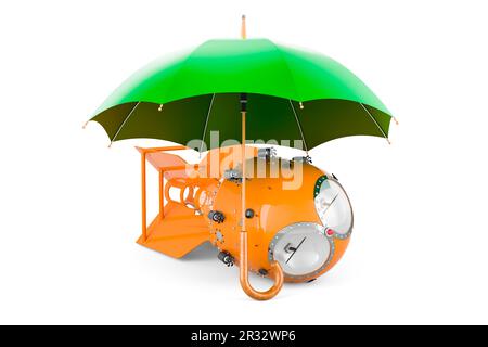 Atombombe, Atomwaffe unter dem Schirm. 3D-Rendering auf weißem Hintergrund isoliert Stockfoto