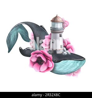 Großer Wal, Leuchtturm mit rosa Anemonblumen. Aquarell, handgezeichnet. Isolierte Komposition auf weißem Hintergrund. Für Poster, Karten Stockfoto