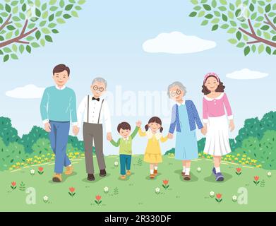 Glückliche Familie und Natur. Vater, Mutter, Großvater, Großmutter und Kinder gehen Hand in Hand.