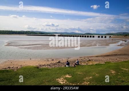 Die Mündung des Flusses Kent mit einem Zug, der über das Viadukt Arnside fährt. Stockfoto