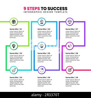 Infografik-Vorlage mit Symbolen und 9 Optionen oder Schritten. Weg zum Erfolg. Kann für Workflow-Layout, Diagramm, Banner, webdesign verwendet werden. Vektor-Illustration Stock Vektor