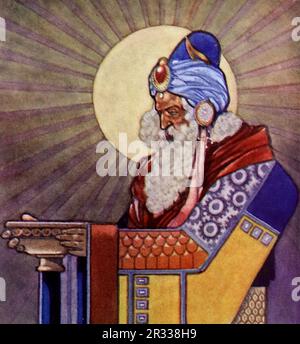 Von Rene Bull Farbe: Der Sultan hält eine Schüssel aus Steingut mit einer hellen Sonne im Hintergrund. Vom Rubaiyat von Omar Khayyam. Stockfoto