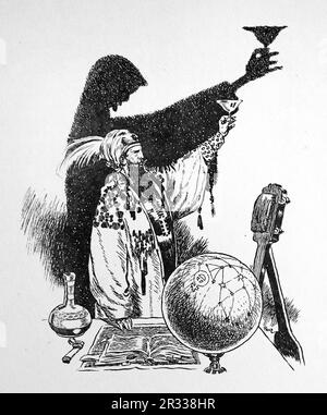 Von Rene Bull Strichzeichnung eines Mannes, der ein Glas mit einem dunklen Schatten über sich hält. Vom Rubaiyat von Omar Khayyam. Stockfoto