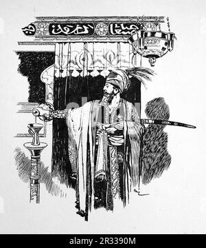 Von Rene Bull Strichzeichnung eines Mannes, der Flüssigkeit in eine Tasse gießt. Vom Rubaiyat von Omar Khayyam. Stockfoto