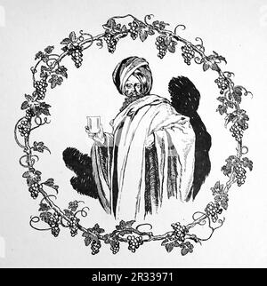 Von Rene Bull Strichzeichnung eines Mannes, der eine Tasse hält, mit einem Blumenkranz um ihn herum. Vom Rubaiyat von Omar Khayyam. Stockfoto
