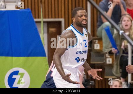 Leiden, Niederlande. 21. Mai 2023. LEIDEN, NIEDERLANDE - MAI 21: Vernon Taylor von Donar während des DBL-Finalspiels zwischen Zorg en Zekerheid Leiden und Donar Groningen bei Sporthal Vijf Meihal am 21. Mai 2023 in Leiden, Niederlande (Foto von Kees Kuijt/Orange Pictures). Kredit: Orange Pics BV/Alamy Live News Stockfoto