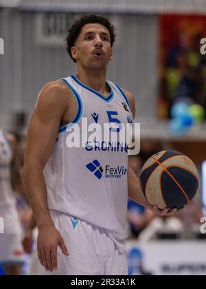 Leiden, Niederlande. 21. Mai 2023. LEIDEN, NIEDERLANDE - MAI 21: Leon Williams von Donar während des DBL-Finalspiels zwischen Zorg en Zekerheid Leiden und Donar Groningen bei Sporthal Vijf Meihal am 21. Mai 2023 in Leiden, Niederlande (Foto von Kees Kuijt/Orange Pictures). Kredit: Orange Pics BV/Alamy Live News Stockfoto