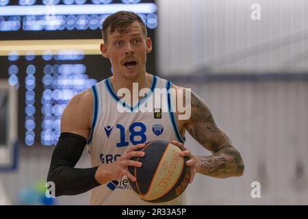 Leiden, Niederlande. 21. Mai 2023. LEIDEN, NIEDERLANDE - MAI 21: Viktor Gaddefors von Donar während des DBL-Finalspiels zwischen Zorg en Zekerheid Leiden und Donar Groningen bei Sporthal Vijf Meihal am 21. Mai 2023 in Leiden, Niederlande (Foto von Kees Kuijt/Orange Pictures). Guthaben: Orange Pics BV/Alamy Live News Stockfoto