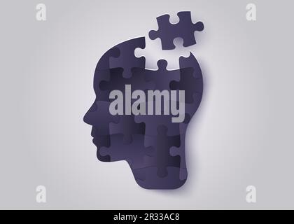 Silhouette eines menschlichen Kopfes mit Puzzle. Psychische Gesundheit und Psychologie. Vektordarstellung Stock Vektor