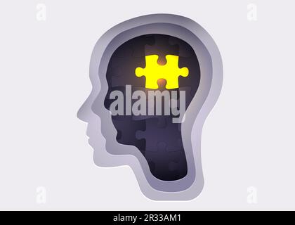 Silhouette eines menschlichen Kopfes mit Puzzle. Psychische Gesundheit und Psychologie. Vektordarstellung Stock Vektor