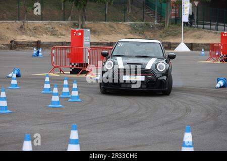 Mini Cooper Probefahrung mit Mitgliedern öffentlicher Fahrten mit hoher Geschwindigkeit auf einer Strecke mit Pollern Stockfoto