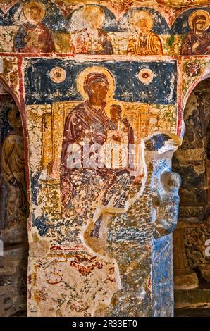 Byzantinische Gemälde in der Agioi Anargyroi Kirche im Dorf Koumani, in der Nähe des Dorfes Nomitsi und Kardamili, Peloponnes Halbinsel, Griechenland Stockfoto