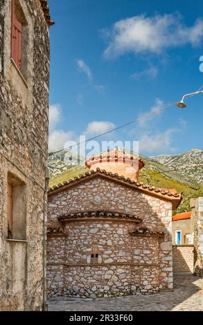 Agioi Taxiarches Church (Erzengel Michael und Gabriel Church), Dorf Flomochori, Laconian Mani, Region Mani, Region Peloponnes, Griechenland Stockfoto