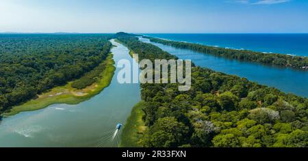 Blick aus der Vogelperspektive auf Tortuguero Village, Costa Rica Stockfoto