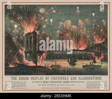 BROOKLYN BRIDGE VINTAGE OPENING CELEBRATIONS LITHOGRAPH POSTER 1880er die große Ausstellung von Feuerwerk und Beleuchtung: Bei der Eröffnung der großen Hängebrücke zwischen New York und Brooklyn am Abend des 24. Mai 1883 Stockfoto