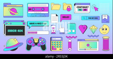 Klassische Benutzeroberflächenelemente in Vaporwave. Altes ui-Design des dialogfensters, Nachricht des Systemcomputers, Videoplayer, Bildschirme, Ladebalken, Dateiordner. Lächeln, Planet und Ikonen im trendigen Retro-Stil Stock Vektor